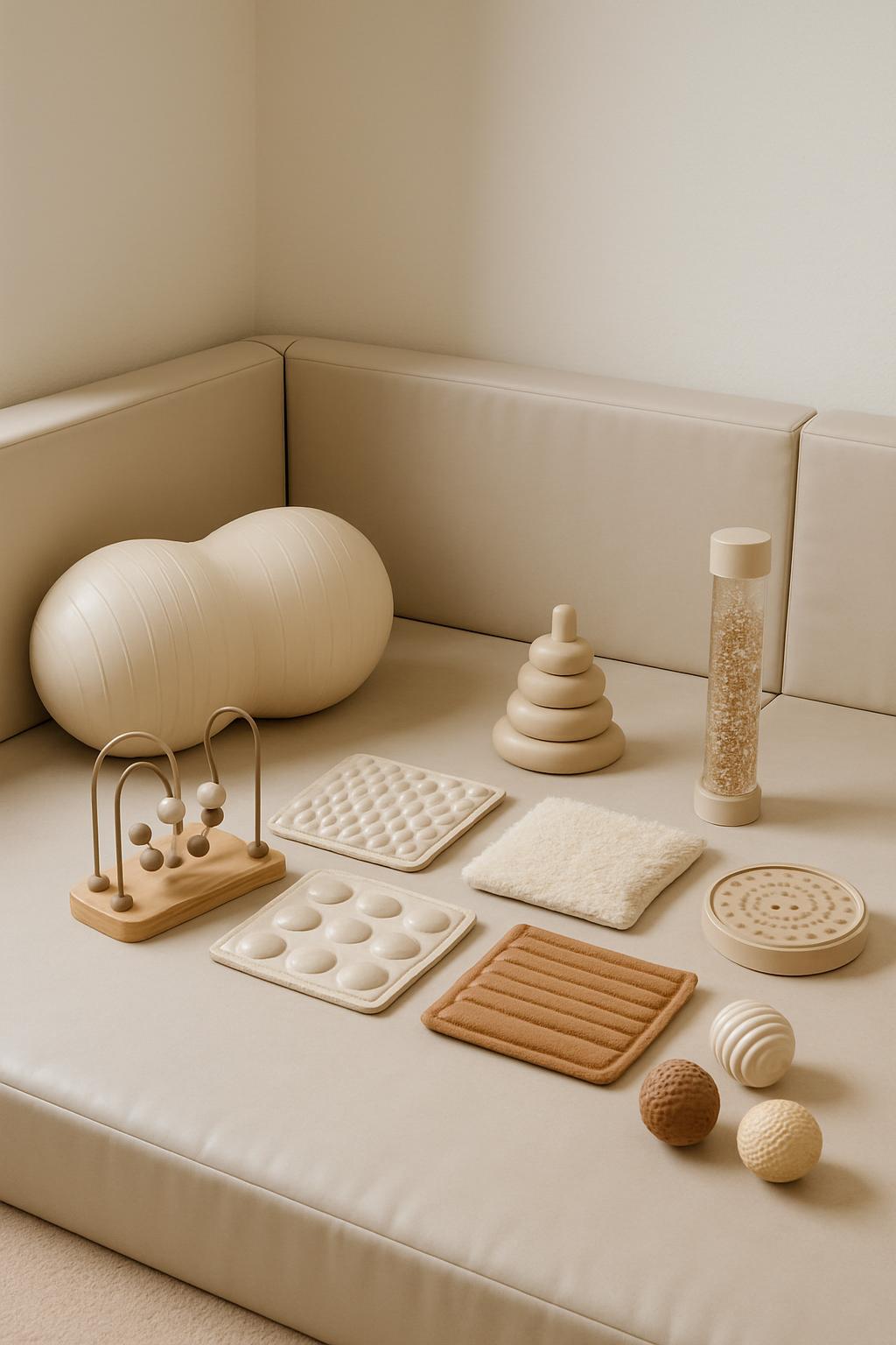 A beige inflatable exercise ball on a white mat with various enrichment toys and objects.
